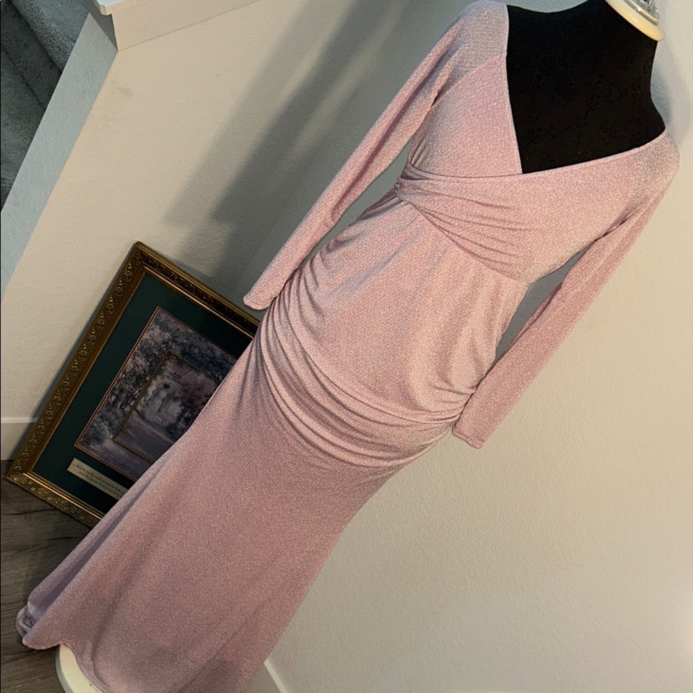 Elegant Pink Long Sleeve Ruched Maternity Dress